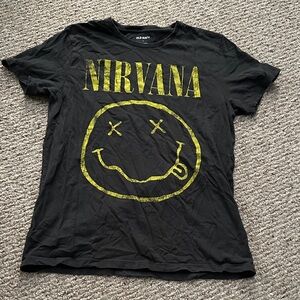 Old Navy Black T-Shirt with Yellow Nirvana Design